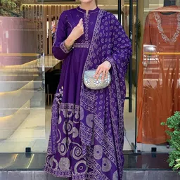 VASTRAHUT Ethnic Motifs Printed Mandarin Collar A-Line Kurta With Trousers & Dupatta-picture-1
