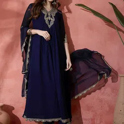 Sangria Floral Yoke Design Pleated Sequinned A-Line Kurta With Trouser & Dupatta image 4