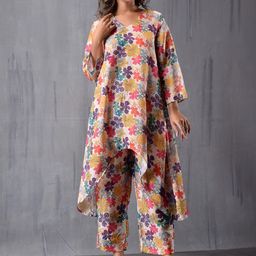 MODA-Q Floral Printed V-Neck Three Fourth Sleeves Tunic with Trouser Co-Ords-image-2