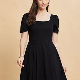 Selvia Women Solid Square Neck Dyed Puff Sleeve Fit & Flare Dress-image-43
