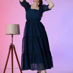 Jash Creation Puff Sleeve Applique Georgette Fit & Flare Maxi Dress-picture-6