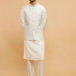 Twamev Mandarin Collar Long Sleeves Regular Straight Kurta With Trouser With Nehru Jacket-image-10