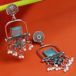 Zoey German Silver-Plated Stones Studded & Beaded Contemporary Oxidised Drop Earrings-46