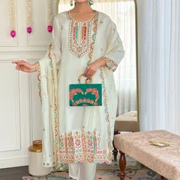 TWINS LADY Women Floral Yoke Design Chanderi Cotton Kurta with Trousers & With Dupatta-picture-54