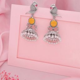 Anouk Silver-Plated Artificial Stones Studded & Pearls Beaded Peacock Shaped Jhumkas-6