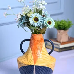 MARKET99 Navy Blue & Orange Striped Cylindrical Shaped Ceramic Vase-image-20