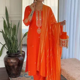 KALINI Ethnic Motifs Embroidered Notch Neck Chanderi Silk Kurta with Trousers & Dupatta-54