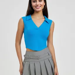 Outzidr Women Shirt Collar Regular Crop Top-image-8