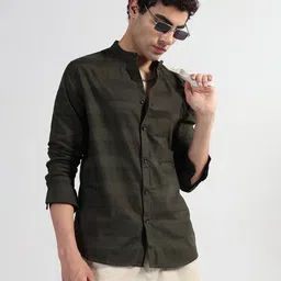 SHOWOFFFF Men Comfort Slim Fit Horizontal Striped Mandarin Collar Cotton Casual Shirt-image-110