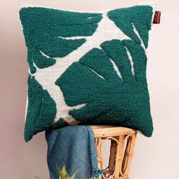 HOMADORN Off White & Green Embroidered Square Pure Cotton Cushion Cover-image-81