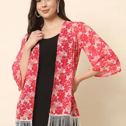BAESD Floral Printed Fringes Tasselled Open Front Shrug-51
