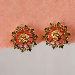 AMALAAN JEWELS Rajwada Radiance Gold-Plated Artificial Stones Studded Floral Studs-3