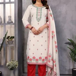 Royal Export Women Floral Regular Thread Work Pure Cotton Kurta with Trousers & With Dupatta-image-2