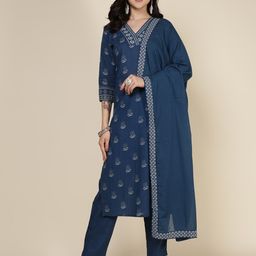 Meena Bazaar Floral Printed V-Neck Kurta With Trousers & Dupatta-image-90