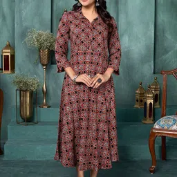 Saffron Threads Ethnic Motifs Print Shirt Collar Fit & Flare Midi Dress-picture-49