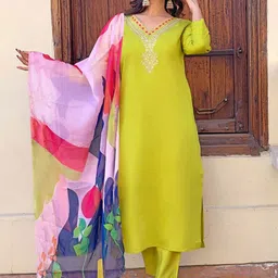 Moda Rapido Floral Yoke Design Sequinned Cotton Silk Straight Kurta & Trousers & Dupatta-image-19