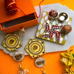 HOMEARTE Yellow Square Shape Swastik Pooja Platter With Roli Chawal Pot-image-109