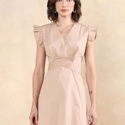 RAREISM Women V-Neck Flutter Sleeve Cotton A-Line Dress-image-56