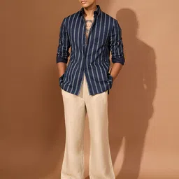 VIVEK KARUNAKARAN Men Striped Open Front Jacket with Patchwork image 1