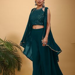 SANCIA Geometric Embroidered Halter Neck Sequinned Crop Top With Palazzos & Dupatta-18