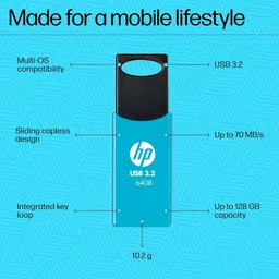 HP 712W 64GB USB 3.2 Flash Drive (Built-in Keyring Loop, 7Z377AA, Blue) image 5