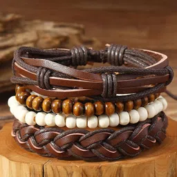 MEENAZ Men Set Of 4 Artificial Beaded Wraparound Leather Bracelet-picture-44