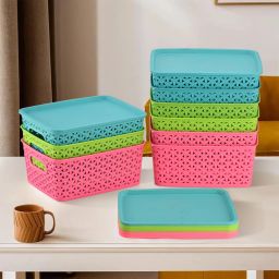Polypropylene Pack of 12 Multipurpose Storage Baskets with Lid for Organizing H1- Multicolor Storage Basket-image-84