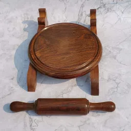 pure source india Wooden Roti Chapati Maker Rolling Board 10 Inch Chakla with Fixed Belan Stand Rolling Pin & Board image 3