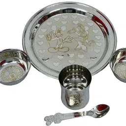 Pack of 5 Stainless Steel Cartoon Laser Print Mirror Finish Stainless Steel Baby Lunch & Dinner Set for Kids - 1 Plate, 2 Curry Bowl, 1 Glass, 1 Spoon (for Both Baby Boys and Girls) Dinner Set-image-25