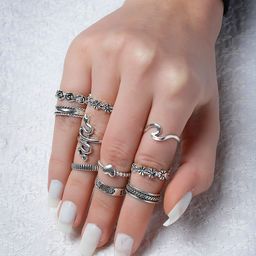 VOGUE PANASH Set of 13 Oxidised Silver-Plated Finger Rings-image-34