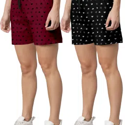 Pack of 2 Printed, Self Design Women Maroon, Black Basic Shorts, Beach Shorts, Boxer Shorts, Casual Shorts, Night Shorts, Regular Shorts-28