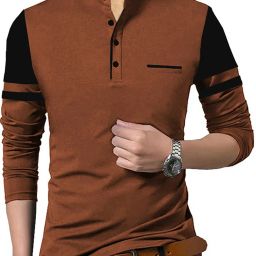 Men Solid Mandarin Collar Cotton Blend Brown, Black T-Shirt-image-2