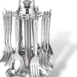 25 Pcs Laser Printed Cutlery Set 6 Tea,6 Fork ,6 Dessert,6 Soup Spoons, 1 Stand Stainless Steel Cutlery Set-11
