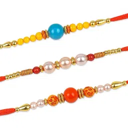 Designer Premium Rakhi Set for Brother – Pack of 3 Designer Rakhi with Bead and Pearl Assorted Chawal Roli Pack Set-image-56
