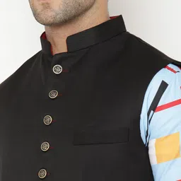 Hangup Men Blue Printed Kurta with Pyjamas & Nehru Jacket Set image 2