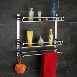 Multipurpose 3 Layer Bathroom Rack/Shelf/Stand With Towel Holder Steel WallShelf Silver Towel Holder-image-74