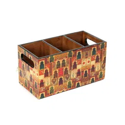 DULI Brown & Yellow Ethic Motif Printed MDF Wooden Pen Stand With 3 Sections image 4