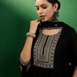 Sangria Sequin Embroidered Round Neck Straight Kurta With Trousers & Dupatta-0