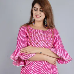TOULIN Women Pink Leheriya Printed Layered Kurta with Trousers & With Dupatta image 2
