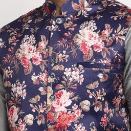 Benstoke Men Grey Kurta with Pyjamas & Printed Nehru Jacket image 5