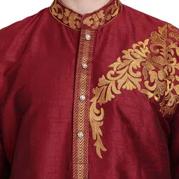 Enciger Men Red Thread Work Dupion Silk Kurta with Pyjamas image 2