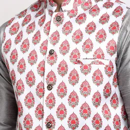 Benstoke Men Grey Dupion Silk Kurta & Pyjamas with Nehru Jacket image 2