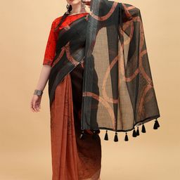 Sangria Black & Peach-Coloured Tie and Dye Pure Linen Saree With Tasseled Pallu-image-45