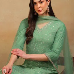 KALINI Floral Embroidered Regular Sequinned Kurta with Trousers & Dupatta-1
