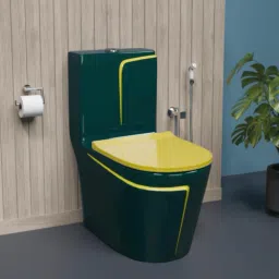 lurexa C 9928 Premium Quality Shining Royal Green commode with Yellow Finishing Line & Yellow Seat Cover And Round Flush Button Western Commode image 2