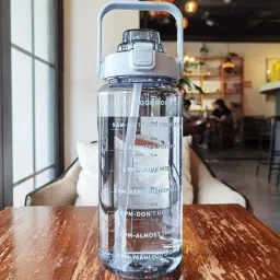 Large Capacity Water Bottle Motivational travel bicycle, gym, Straw transparent 2000 ml Bottle-12
