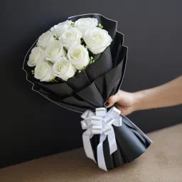 Elegant Artificial Rose Bouquet – Black Wrap | Ideal Gift for All Occasions White Rose Artificial Flower-picture-28