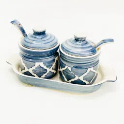 Ceramic Jar set 2 Jar with Lid 2 Spoon 1 Tray multipurpose Grey Design Container Serving Set-7