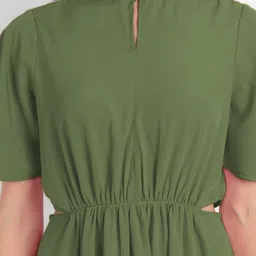 MINGLAY Olive Green Organic Cotton Flared Crepe Midi Dress image 2