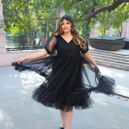 Swadeshi Shringaar Plus Size V Neck Net A-Line Dress image 2